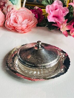 Vintage Essay Canada Ornate Silver Plate & Glass Butter Dish - 3 Piece Set